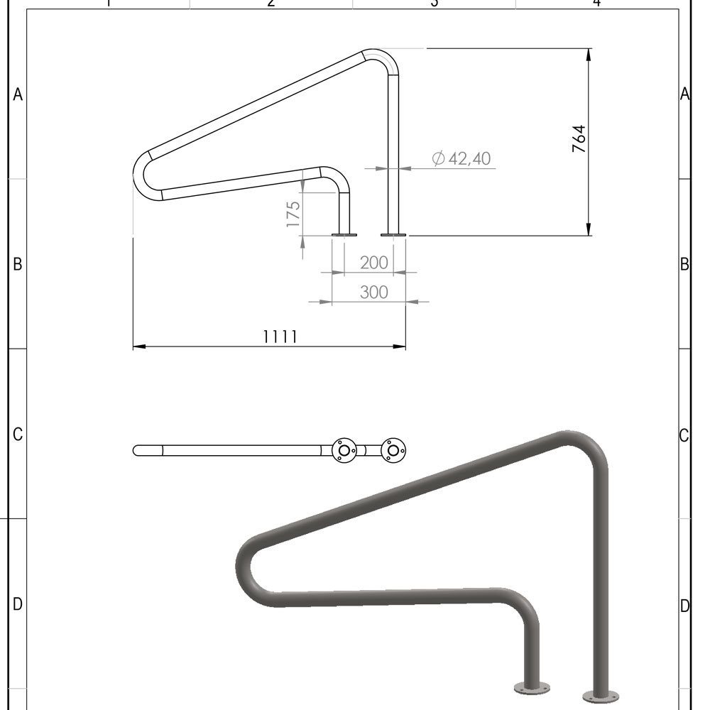Technische Fertigungszeichnung eines gebogenen Haltegriffs für Schwimmbecken aus Edelstahl (Werkstoff 1.4404), Rohrdurchmesser 42,4 mm, mit Maßangaben (Länge 1111 mm, Höhe 764 mm) und zugehöriger Stückliste inklusive Befestigungsteil, erstellt mit SolidWo