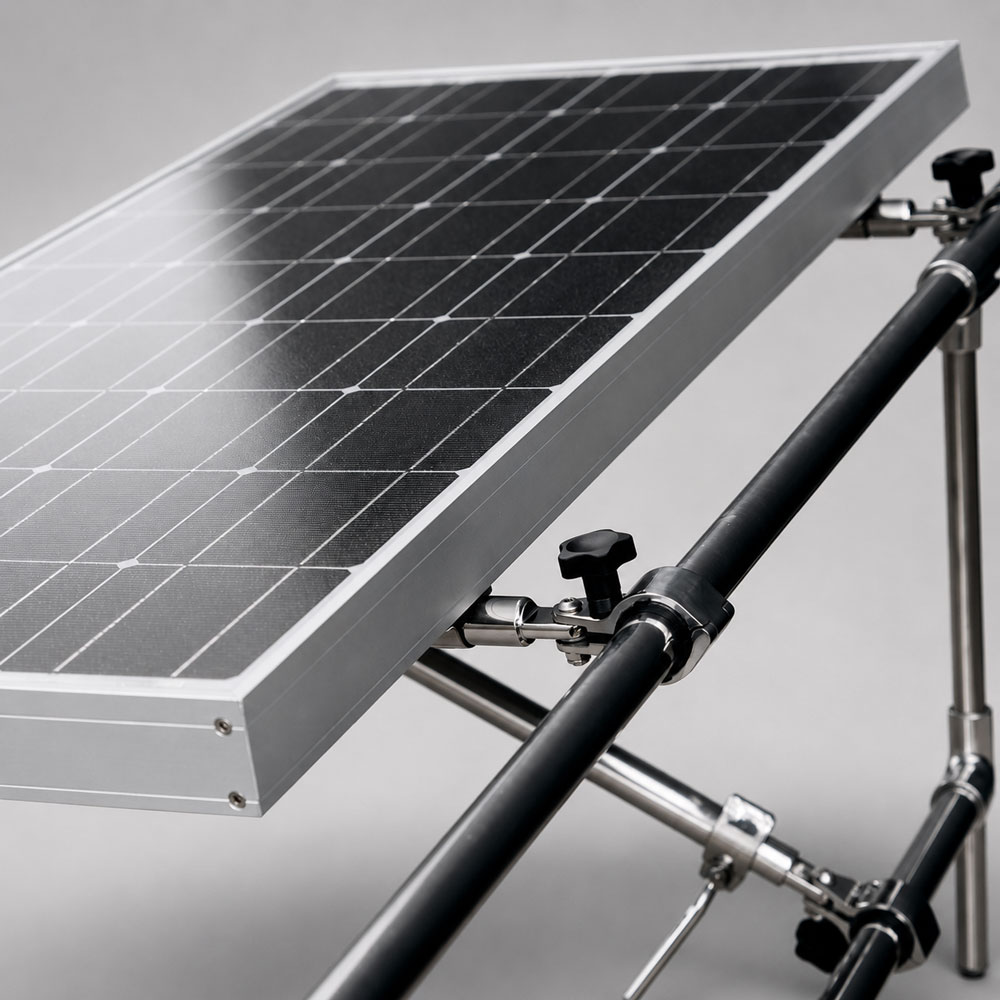 Klemmverbindung Solarpanel-Halterung, Edelstahl, verstellbar Nahaufnahme der Klemmverbindung zwischen Solarpanel und Trägerrohr: Drehgelenk mit Handknebel ermöglicht stufenlose Winkeleinstellung, Ausführung in poliertem Edelstahl.