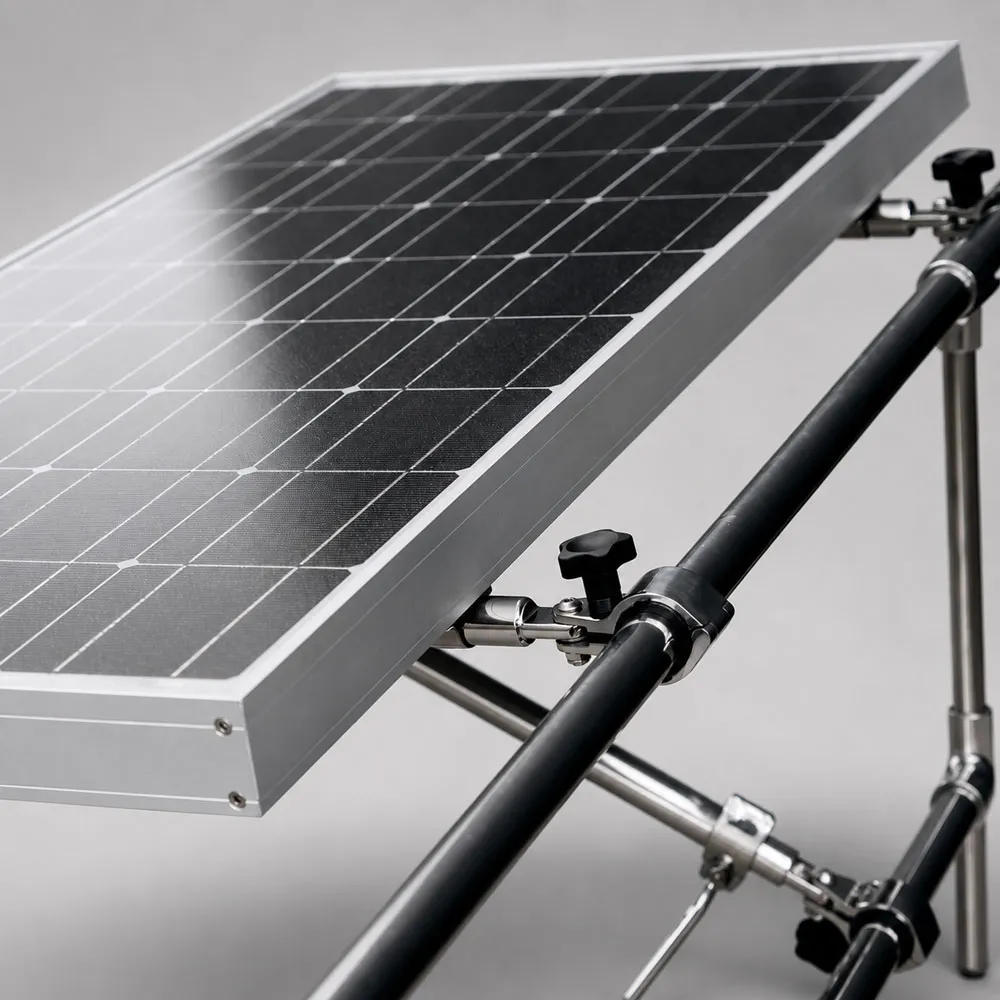 Nahaufnahme der Klemmverbindung zwischen Solarpanel und Trägerrohr: Drehgelenk mit Handknebel ermöglicht stufenlose Winkeleinstellung, Ausführung in poliertem Edelstahl.