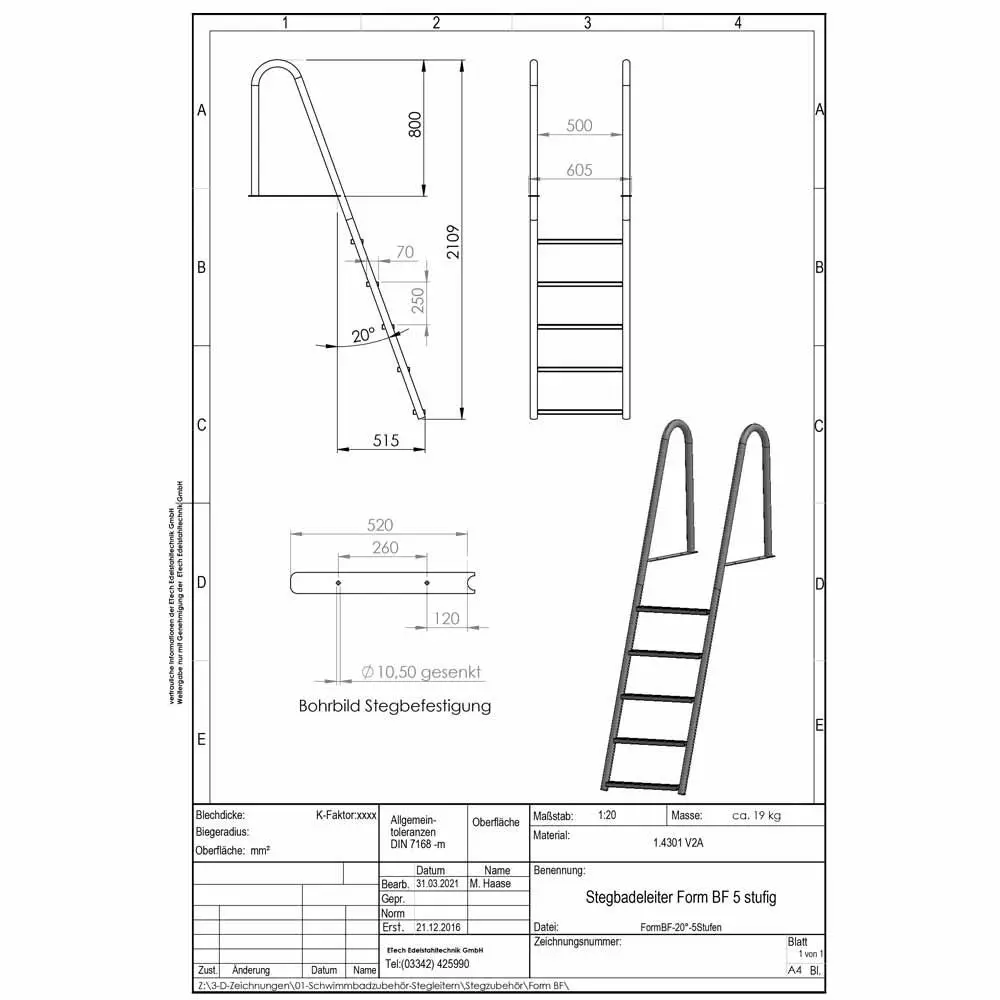 Datenblatt-Stegbadeleiter Form B, 5-stufig, freitragend