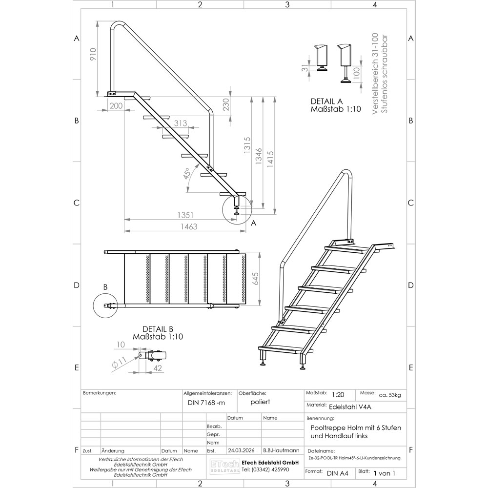 Technische Zeichnung einer Pooltreppe aus Edelstahl V4A mit 6 Stufen und linksseitigem Handlauf mit Maßangaben