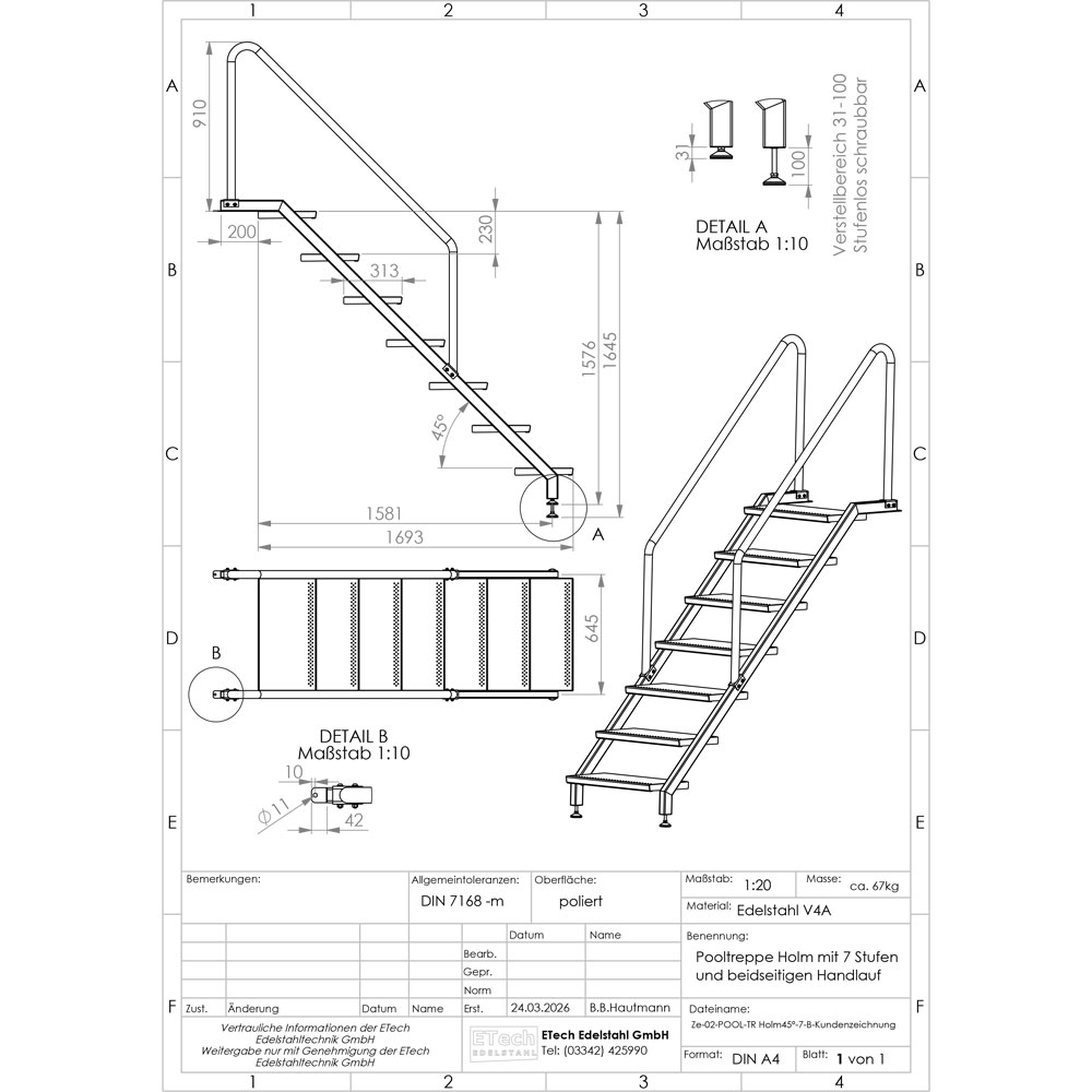 Pooltreppe Technische Zeichnung einer Pooltreppe aus Edelstahl V4A mit 7 Stufen und beidseitigem Handlauf mit