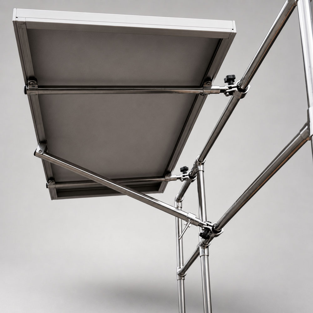 Untersicht einer Solarpanel-Halterung aus Edelstahl mit mehrfach verstellbaren Gelenkarmen und Kreuzverstrebung zur Neigungswinkel-Einstellung, fixiert über Klemmknebel an Rundrohren.