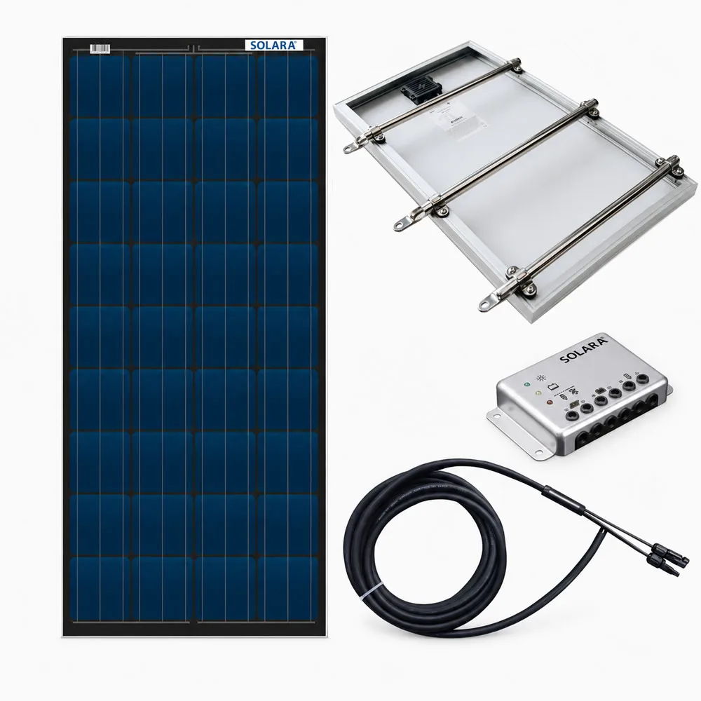 SOLARA Solarpanel im schwarzen Rahmen als komplettes Insel-Set: inklusive SOLARA Laderegler, robuster Edelstahl-Aufständerung und Solarkabel mit MC4-Steckern – die autarke Stromversorgung für Yacht, Boot, Wohnmobil und Camper.