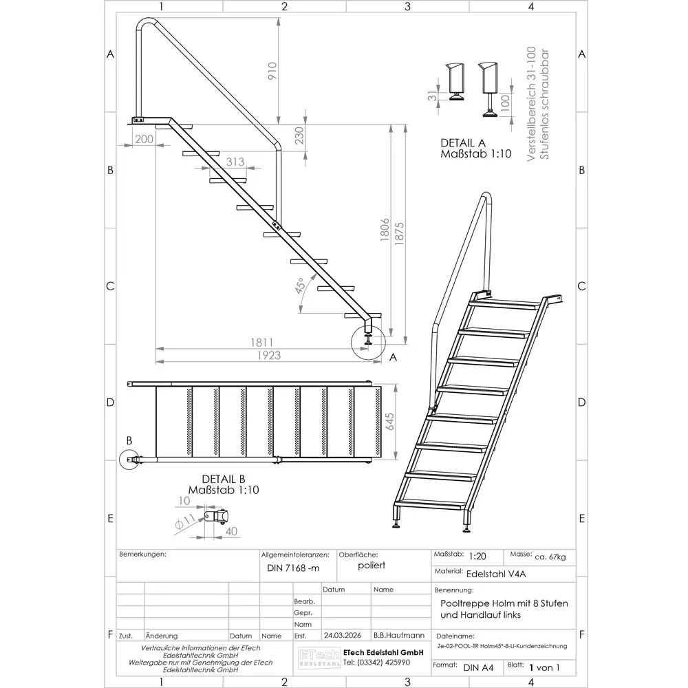 Technische Zeichnung einer Pooltreppe aus Edelstahl V4A mit 8 Stufen und linksseitigem Handlauf mit Maßangaben