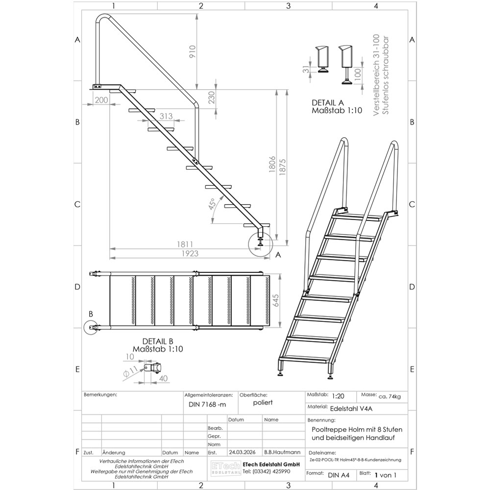 Technische Zeichnung einer Pooltreppe aus Edelstahl V4A mit 8 Stufen und beidseitigem Handlauf mit Maßangaben
