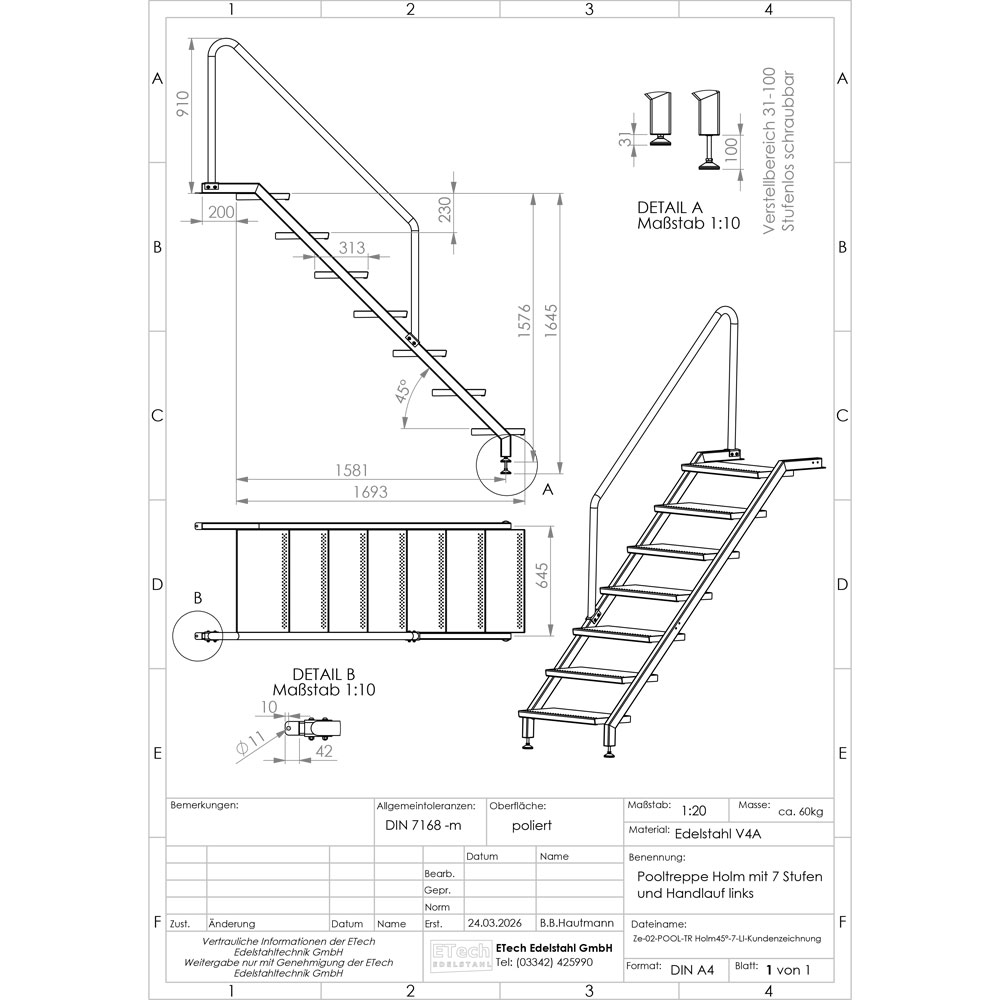 Pooltreppe Technische Zeichnung einer Pooltreppe mit Handlauf links aus Edelstahl V4A mit 7 Stufen mit Maßangaben