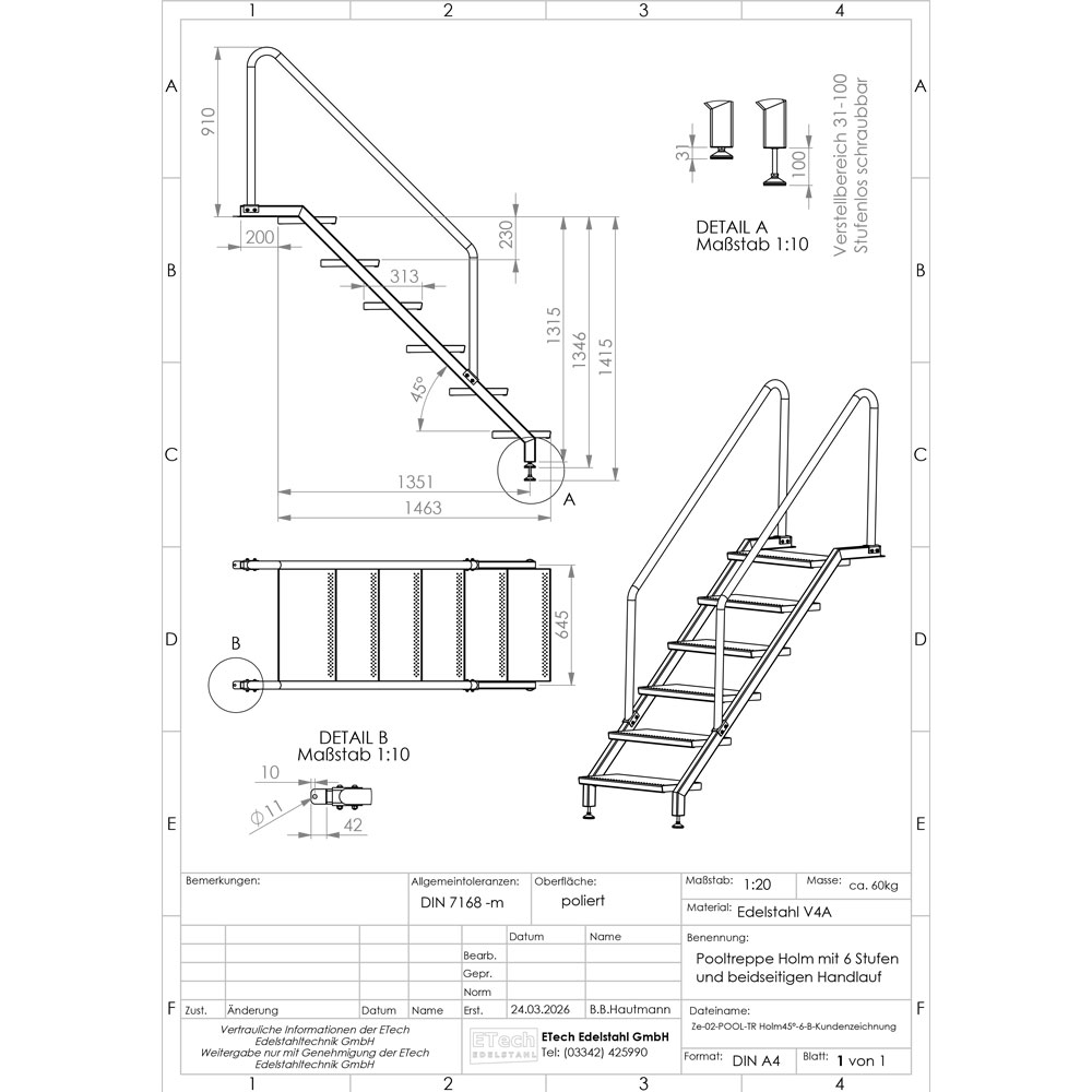 Pooltreppe Technische Zeichnung einer Pooltreppe aus Edelstahl V4A mit 6 Stufen und beidseitigem Handlauf mit Maßangaben