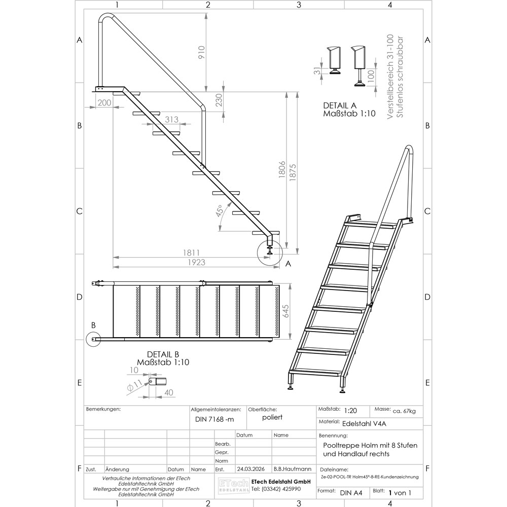 Pooltreppe Technische Zeichnung einer Poolreppe aus Edelstahl V4A mit 8 Stufen und rechtsseitigem Handlauf mit Maßangaben