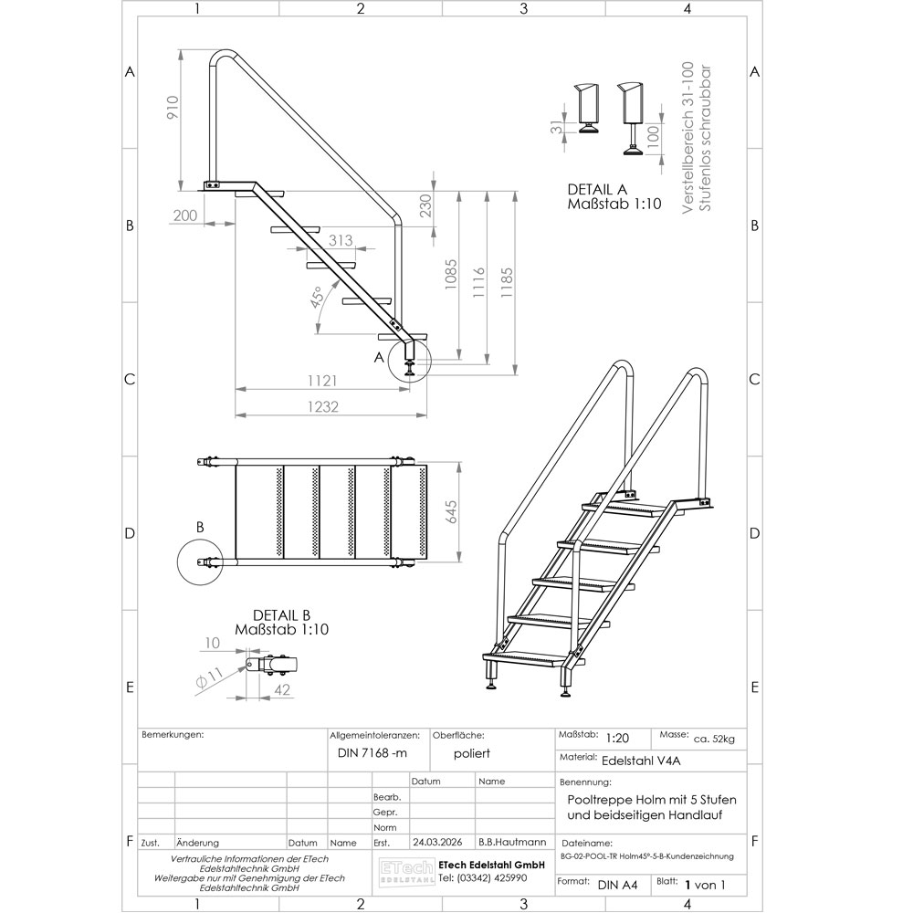 Pooltreppe Technische Zeichnung einer Pooltreppe aus Edelstahl V4A mit 5 Stufen und beidseitigem Handlauf mit Maßangaben