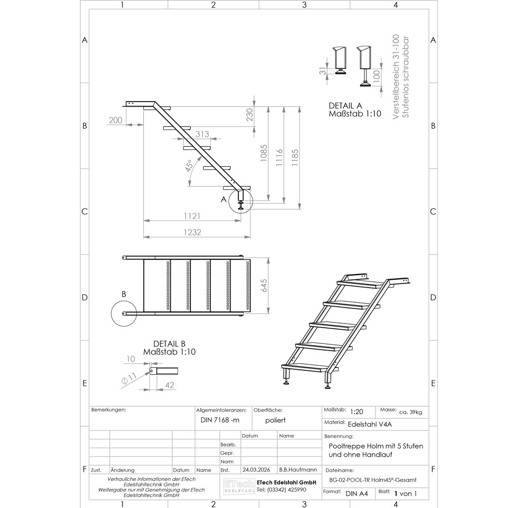 Technische Zeichnung einer Pooltreppe aus Edelstahl V4A mit 5 Stufen ohne Handlauf mit Maßangaben