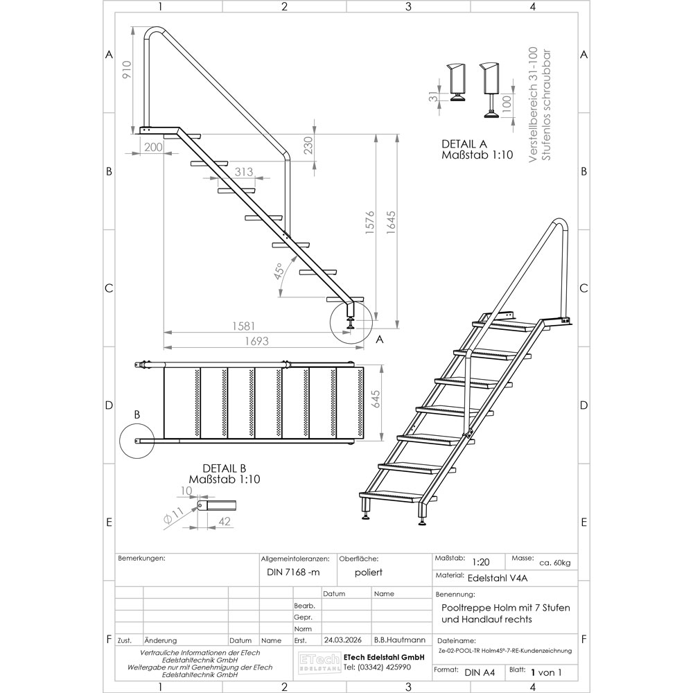 Technische Zeichnung einer Pooltreppe aus Edelstahl V4A mit 7 Stufen und rechtsseitigem Handlauf mit Maßangaben